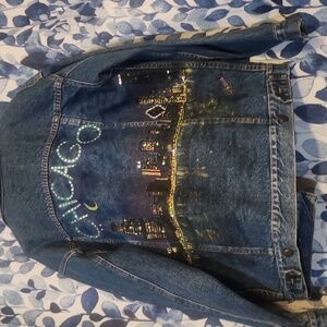 Bedazzled Chicago skyline jean jacket signed by artist size medium